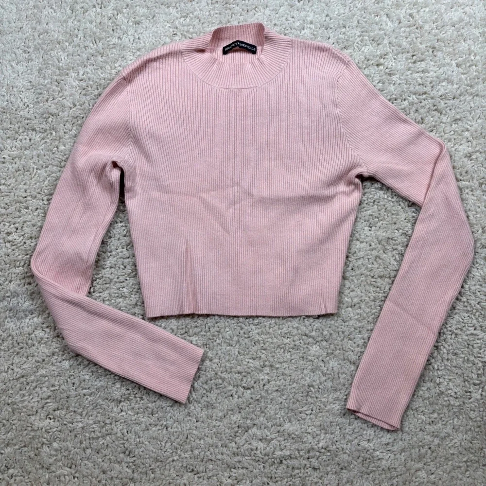 Brandy Melville Pink Ribbed Mock Neck Cropped Sweater Long Sleeve Top One Size